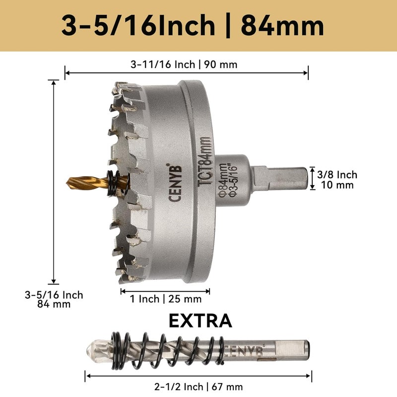 cenyb 3-5/16" (84mm) Tungsten Carbide Tipped Hole Saw with 2Pcs Titanium-Plated Pilot Drill Bits for Hard Metal,Stainless Steel,Iron,Aluminum Alloy,Wood and Plastic - Image 2